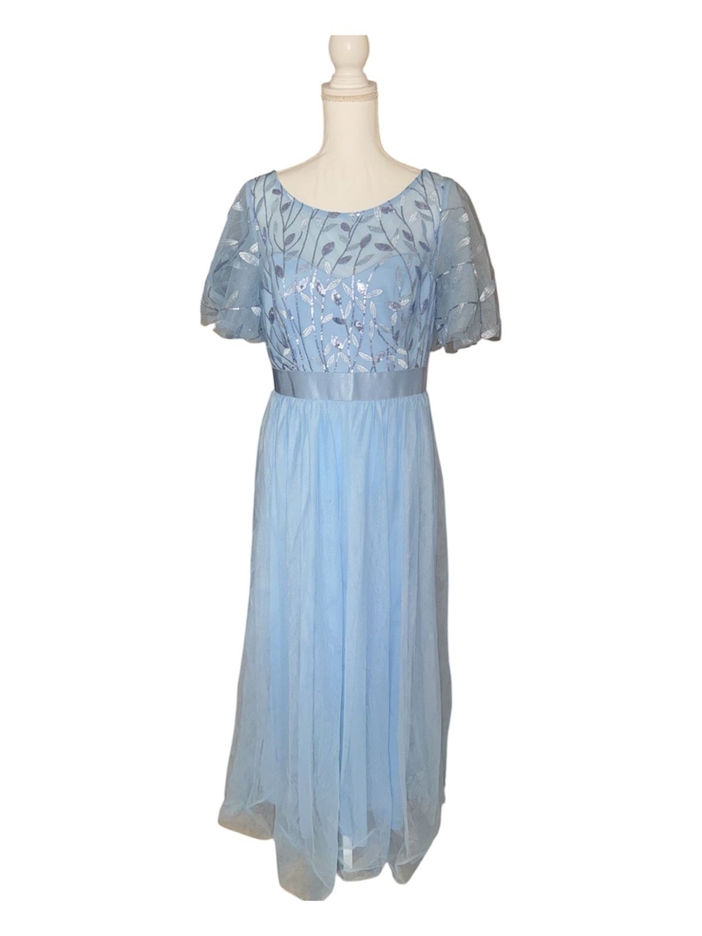 Light Blue Embroidered Tulle Maxi Dress
